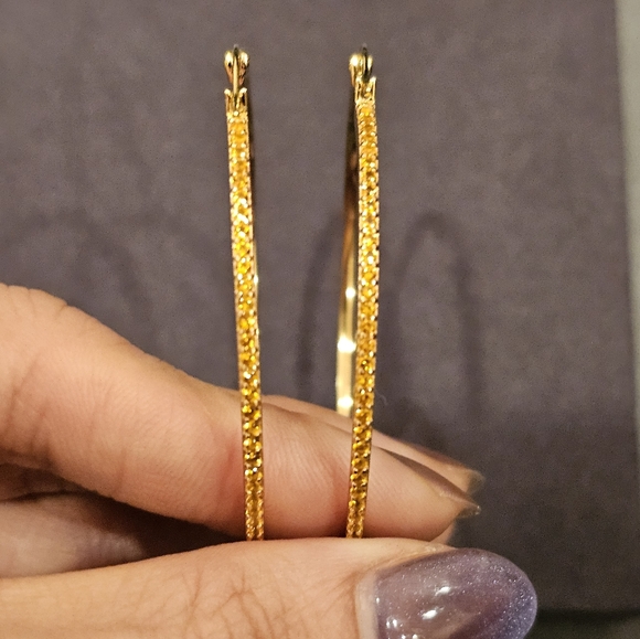 Citrine 2.25" hoop earrings set in 14k gold plated sterling silver. Hinged clasp - Picture 2 of 10